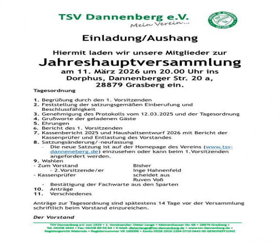 Einladung zur Jahreshauptversammlung